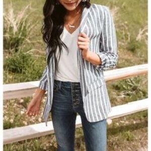 MAKE AN OFFER - CHADWICKS Linen Striped Boyfriend Blazer